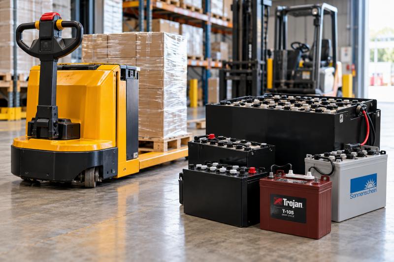 Transpallet elettrico e carrello elevatore con batterie di trazione: cassone, Trojan T-105 e batterie sigillate