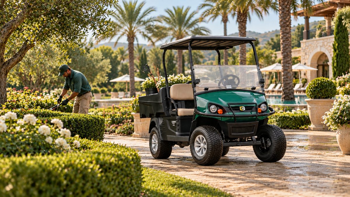 Cushman Hauler PRO nel giardino di un resort con vasi di fiori e attrezzi nel cassone