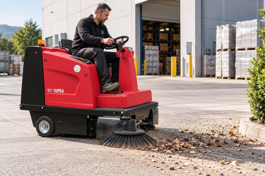 Spazzatrice RCM Supra al lavoro sul piazzale di un capannone logistico